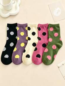 5 Pairs Women's Polka Dot Mid-Calf Socks, Versatile Daily Wear, Retro College Style Casual Socks, Suitable For Everyday Outfits - Multicolor - View 9