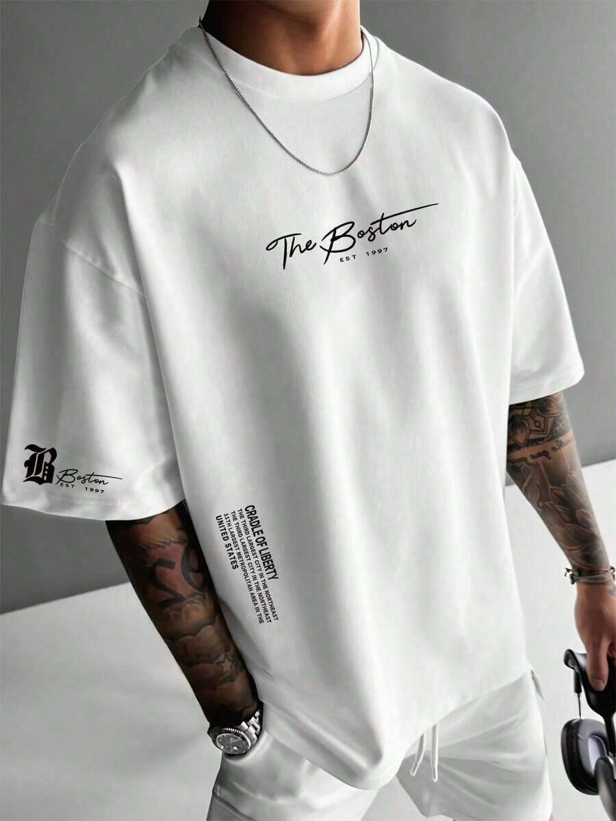 QDHI Men's Simple Graphic Print Crew Neck Short Sleeve T-Shirt - Apricot - View 1