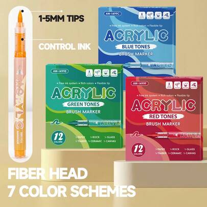 Bộ bút vẽ màu acrylic lỏng 84 màu, 7 màu chủ đạo, 1 hộp 12 màu chuyển sắc - Bút không lem, khô nhanh, thích hợp cho vải bố, vải, đá, gốm sứ, gỗ và thủy tinh | Dụng cụ thủ công chuyên nghiệp, kèm hộp đựng cao cấp.