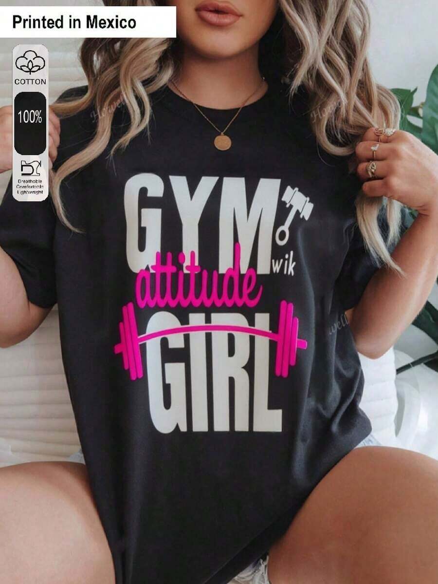 Women's Short-Sleeved T-Shirt, Black T-Shirt With Print, Women's Weightlifting Gym Lettering, Pink Color, Loose Fit, Casual Sportswear - 黑色 - 查看 1