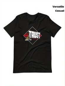 T-shirt med heavy metal-tryck för män - Svart band-t-shirt med röd och vit TRUST-logga och geometriskt mönster - Rund hals, en mångsidig rockprodukt som passar alla årstider, vardagskläder, en fantastisk samlarvara. - Svart - Visa 1