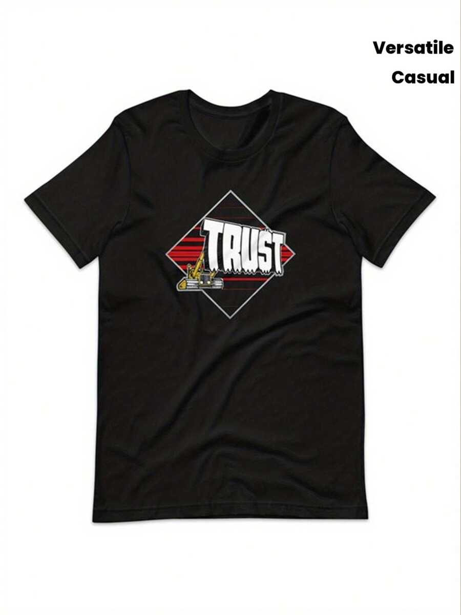 T-shirt med heavy metal-tryck för män - Svart band-t-shirt med röd och vit TRUST-logga och geometriskt mönster - Rund hals, en mångsidig rockprodukt som passar alla årstider, vardagskläder, en fantastisk samlarvara. - Svart - Visa 1