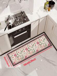 1pc Soft Rubber Water-Absorbing Kitchen Mat, 3.5mm Thick Absorbent Rug For Large Or Small Area, Vintage French Floral Design Silicone Rug With Retro Handpainted Flowers On Beige Background, Accented By Burgundy Geometric Borders, White And Pink Blooms With Green Leaves, Delicate And Pastoral For Room Decor - Multicolor - View 13