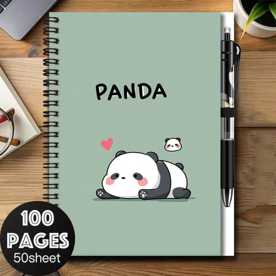 1 Set de Cuaderno Espiral con Patrón Lindo de Panda, Incluye Bolígrafo, 100 Páginas/50 Hojas. Portada Adorable, Adecuado para Notas de Trabajo, Estudio, Diario, Planificación Diaria, Etc. Gran Regalo para Graduación, Cumpleaños o como Artículos de Papelería. - B - Ver 1