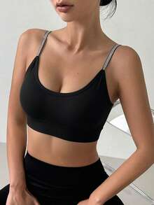 DAZY 1pc Seamless Ribbed Criss-Cross Strap Racerback High-Impact Sports Bra, Removable Pads, Soft & Breathable Yoga Crop Top - Black - View 7