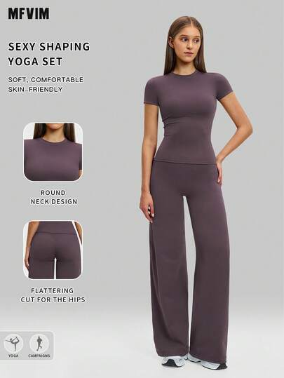  MFVIM Women's Yoga Set, High Waist Tight Fitness Suit, Outdoor Casual Running Sports Short Sleeve + Straight Leg Pants 2 Piece Set. Versatile, Soft And Skin-Friendly Fabric, Suitable For Commuting, Outdoor Jogging, Cycling, Yoga And Other Exercises