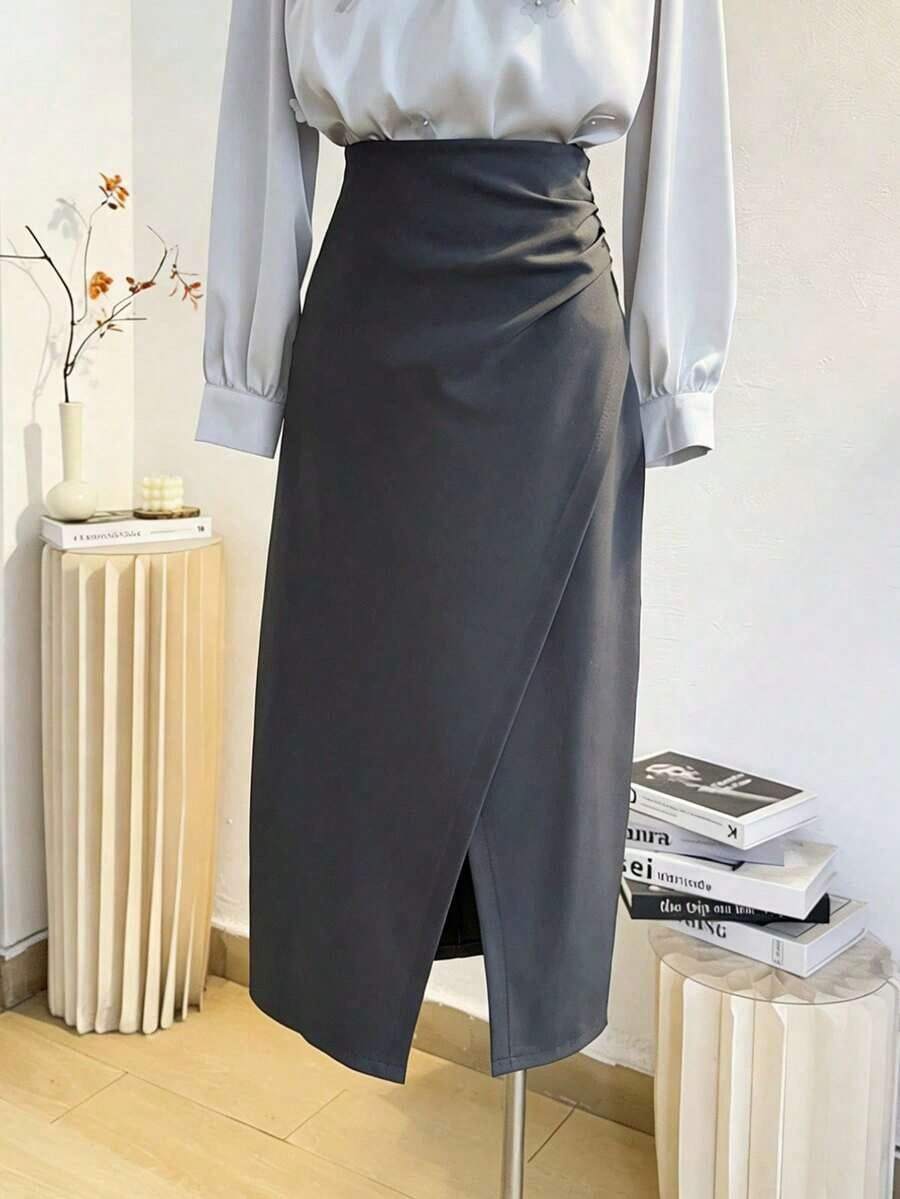 Falda lápiz ajustada de cintura alta con abertura lateral, elegante y de alta gama, para uso diario, en color gris, para primavera/verano - Gris - Ver 1