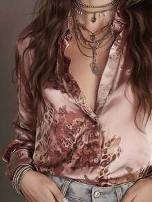 Blusa de satén con estampado de rosa naranja-turquesa clásico para mujer, diseño con cuello, elegante para el uso diario, salidas y talla grande - Rosa Pálido - Ver 5