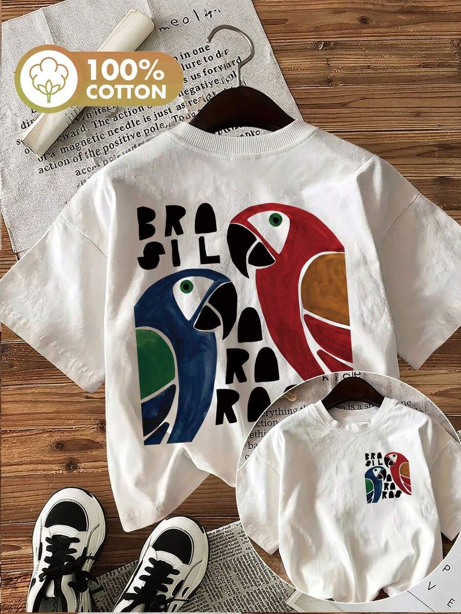 Casual Summer Tops [Double-Sided Print Front And Back] Women's Summer Clothing, Breathable Cotton Short-Sleeve Crew Neck T-Shirt, Parrot Print And Brazil Text - White - View 1