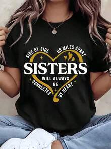 Women's T-Shirt With Sisters Print: Together Or Miles Away, Always Connected By Heart, Round Neck, Casual Top, Gift For Sister, 220g, Loose Fit Blouse - 黑色 - 查看 6