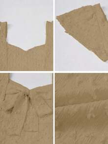 Vestido largo elegante y delgado de unicolor con espalda descubierta, lazo y mangas de loto con abertura alta, para vacaciones y citas en primavera/verano - Caqui - Ver 10