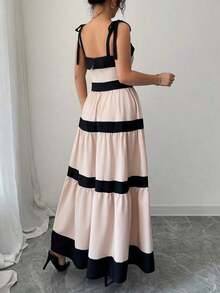 Vestido deslizante de línea A con empalmado de color de contraste, sin mangas, con lazo a la cintura, elegante y de moda, apto para uso diario, casual y vacaciones - Albaricoque - Ver 2