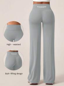 TimeOff 1pc Women's Minimalist Elastic V-Shaped Lifting Straight Wide-Leg Letter Print Sports Pants - Light Grey - View 11