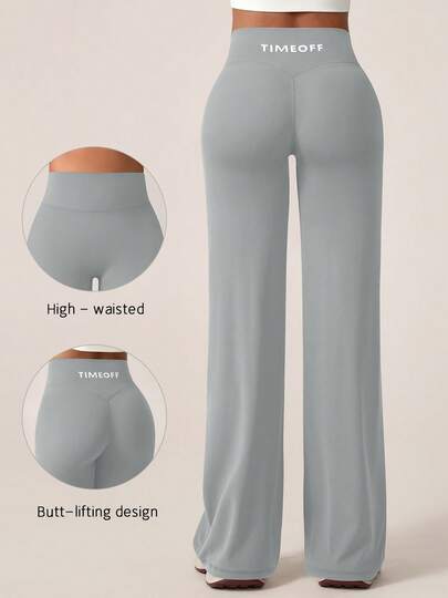 TimeOff 1pc Women's Minimalist Elastic V-Shaped Lifting Straight Wide-Leg Letter Print Sports Pants