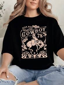 Wild West Image With A Rider On Horseback Representing Freedom, Strength And Adventurous Spirit With Floral Details And Classic Emblems. Comfortable Casual Women's T-Shirt For Everyday Wear. - 黑色 - 查看 8