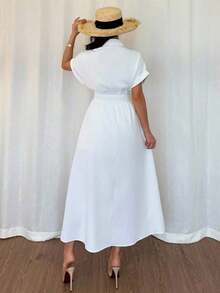 Vestido camisero casual de mujer con botones delanteros, mangas raglán y cintura ajustada - Blanco - Ver 2