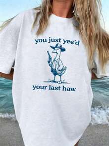 Women's Retro Loose Fit Graphic T-Shirt With Silly Goose Logo, Summer Graphic Tees For Women. Casual Tees For Women, Basic Tees For Women, Polyester Tees For Women, Loose Fit Tees, Fun Minimalist Tees, Letter Tees For Women, Printed Tees, Limited Time Offers, New Arrival Promotions, New Seasonal Arrivals, Limited Time Offers, Tees, Commemorative Tees, Funny Tees, Bohemian Style - 白色 - 查看 3
