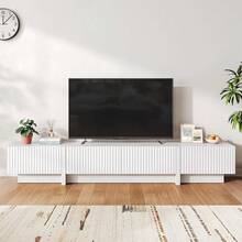 98" TV Stand For Living Room, Modern Entertainment Center With Drawers & Storage Compartments, Large TV Console Fits 55"-95" TVs, Square Top With Grooved Drawer Fronts & Stable Base,Natural - 白色 - 查看 11