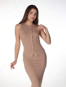 2pcs Women's Solid Color Simple Daily Sleeveless Top And Skirt Set Summer Elegant - Khaki - View 3