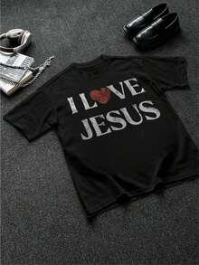 Men's 100% Cotton T-Shirt With Distressed "I Love Jesus" Graphic Print, Perfect For Everyday Wear By Christian Men, It's An Ideal Gift Option. - 黑色 - 查看 2