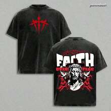 'Faith Over Fear' T-Shirt With Jesus, Christian Graphic Tee With Crown Of Thorns, Vintage Washed Angel Print, Bold Cross Streetwear, Plus Size Thick Cotton Spiritual Religious T-Shirt For Believers, Women's Summer Clothing, Anime T-Shirts, Graphic Tees - 白色 - 查看 6