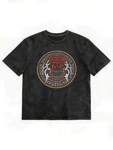 Summer 2026 Collection: Washed T-Shirt With Retro Print, High-Quality Unisex T-Shirt, Loose And Versatile, Made With Soft, Breathable And Comfortable Fabric, Retro Print With A Vintage Touch, Modern Urban Style Design, Fashionable Brand Style, Versatile Basic Design, Unique And Elegant, Suitable For Daily Wear, Outdoor Activities, Sports And Leisure. - 黑色 - 查看 6