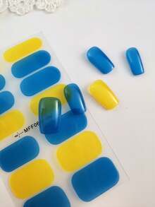 1 Sheet Retro Blue & Yellow Color Block Nail Stickers, Muted Blue And Bright Mustard Yellow Color Combination Design, Full Coverage Nail Stickers With Effortless American Vintage Vibe, Suitable For Creating INS, Y2K Baddie Nails For Music Festivals, Street Style, And Vacation - Multicolor - View 5