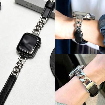 1pc Suitable For Apple Watch Band, Unisex, Creative Design, Fashion Casual, Luxury Metal Splicing Black Genuine Leather Strap, Fit For Apple Watch Ultra/SE/11/10/9/8/7/6/5/4/3/2/1 Series 38mm 40mm 41mm 42mm 44mm 45mm 49mm, Soft Leather Band, Adjustable Wristband, Smart Watch Accessory