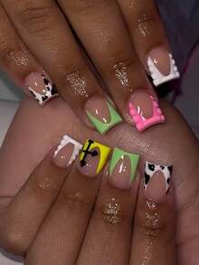 24pcs Short Square Glossy Nail Stickers, Featuring Playful French Stiletto Design In Pink, Green, Yellow And Cow Print Patterns, Accented With Dotted Texture And Cross Details. The Set Includes 1pc Jelly Nail And 1pc Nail File, Ideal For Girls And Women To Wear Daily, Parties And Celebrations. - Multicolor - View 1