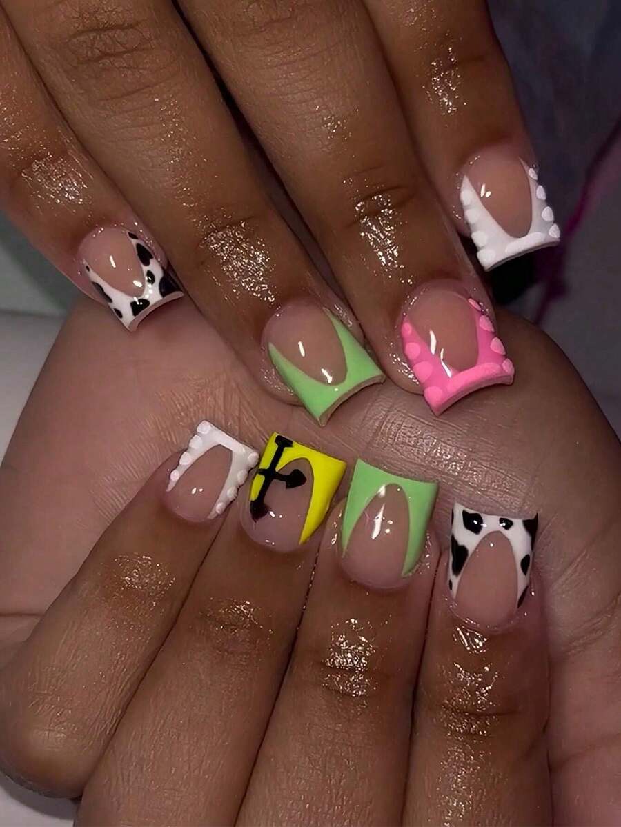 24pcs Short Square Glossy Nail Stickers, Featuring Playful French Stiletto Design In Pink, Green, Yellow And Cow Print Patterns, Accented With Dotted Texture And Cross Details. The Set Includes 1pc Jelly Nail And 1pc Nail File, Ideal For Girls And Women To Wear Daily, Parties And Celebrations. - Multicolor - View 1