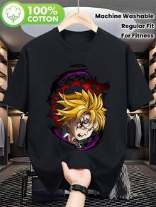 Camiseta de manga corta para hombre con estampado de anime y manga, con diseño de dragón y personaje, transpirable y lavable a máquina, para uso casual en primavera/otoño, adecuada para actividades de fitness y al aire libre, corte regular. - Negro - Ver 1