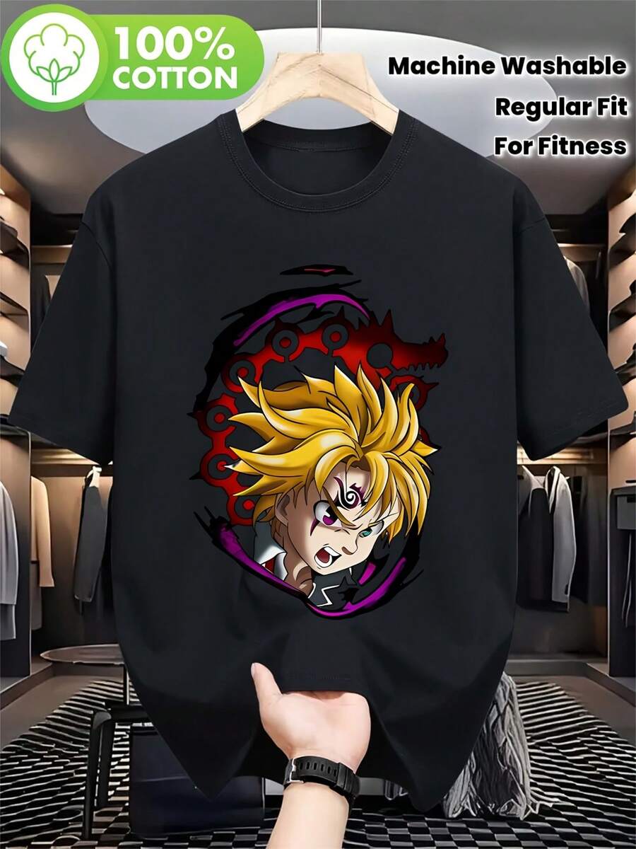 Camiseta de manga corta para hombre con estampado de anime y manga, con diseño de dragón y personaje, transpirable y lavable a máquina, para uso casual en primavera/otoño, adecuada para actividades de fitness y al aire libre, corte regular. - Negro - Ver 1