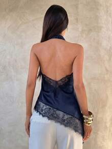 Sexy Fashionable Versatile Halter Neck Lace Patchwork Asymmetric Camisole, New Spring/Summer Design, Satin Material Casual - Navy Blue - View 3