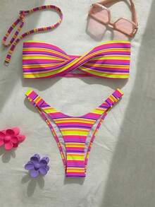 Nouveau maillot de bain à la mode et sexy pour femmes, imprimé à pois, avec bretelles amovibles. Parfait pour la plage, les fêtes et les vacances d'été - Jaune violet - Voir 3