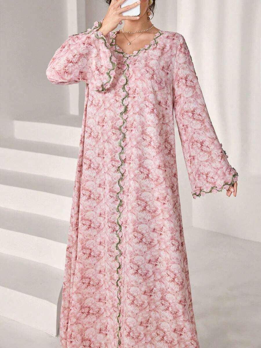 Al Najma Vestido holgado de manga larga con bordado elegante para mujeres - Multicolor - Ver 1