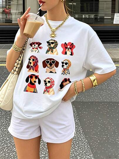 T-shirt à motif chien à la mode, T-shirt imprimé mignon de chiot, T-shirt à manches courtes esthétique de passionné d'animaux de compagnie, Top décontracté rêveur