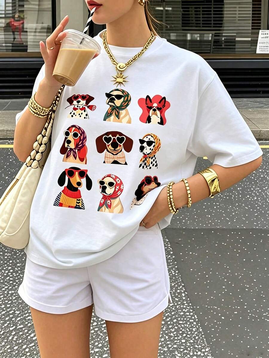 Áo thun họa tiết chó thời trang, áo thun in hình cún con dễ thương, áo tay ngắn phong cách sinh viên yêu thú cưng, áo thun casual mộng mơ. - trắng - Xem 1