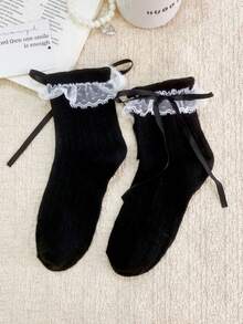 1/3 Pairs Thin Lace Trim Bow Decor Sweet Ballet Style Mid-Calf Socks, Spring/Summer - Multicolor - View 13