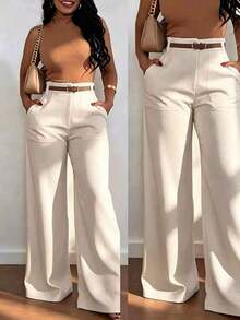 Pantalones casuales de cintura alta y pierna recta de unicolor para mujer, primavera - Albaricoque - Ver 1