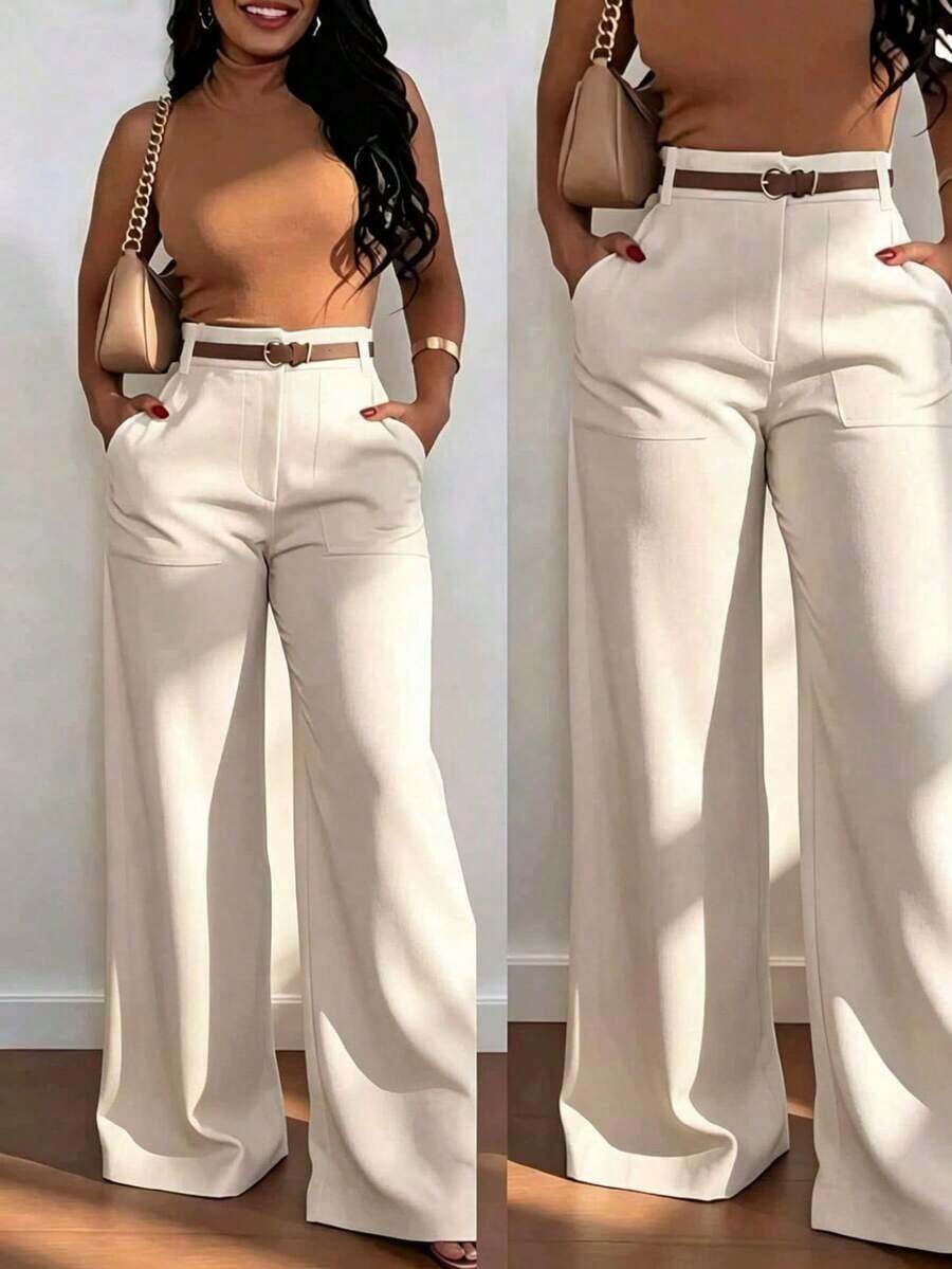 Pantalones casuales de cintura alta y pierna recta de unicolor para mujer, primavera - Albaricoque - Ver 1