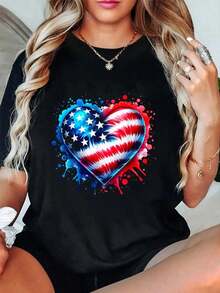 100% Cotton T-Shirt With Tie Dye Heart Print In The Colors Of The USA Flag (Blue, Red And White) For The 4th Of July - 黑色 - 查看 5