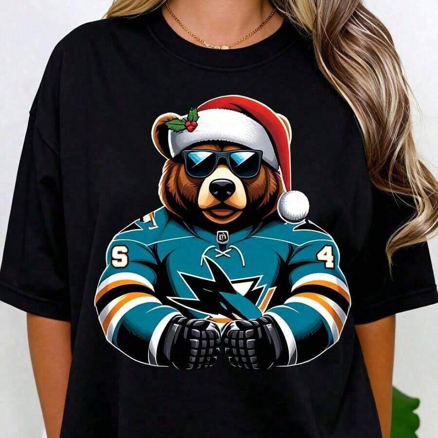 Modern Cut Cotton T-Shirt Of The San Jose Sharks For Christmas, Gift, High-End T-Shirts, Couple Clothing, Funny T-Shirt, New Year's T-Shirt, 100% Cotton, A Must-Have For Summer. - 黑色 - 查看 1