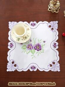 1pc Elegant Purple Flower Embroidered Table Runner, Placemat And Table Scarf, Scalloped Hollow-Out Cutwork Design, Vintage French Style. Perfect For Daily Home Use, Festivals And Wedding Table Decoration. - Purple - View 11