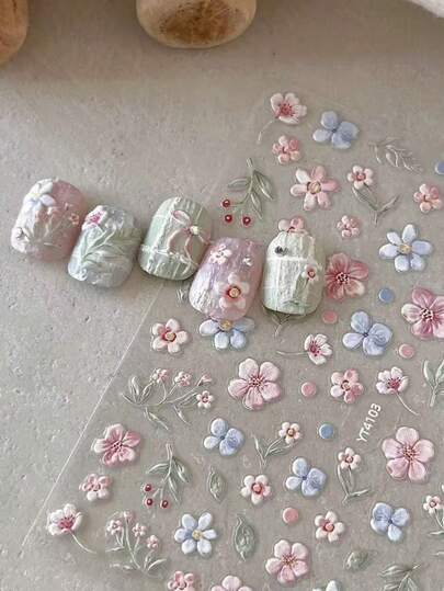 1片3D仿珍珠花朵美甲贴纸，DIY 3D自粘美甲饰品装饰，Y2K风格美甲配件