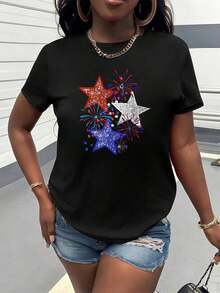 American Flag Fireworks Print T-Shirt, Short Sleeve, Round Neck, Women's Clothing, Modern, Unique And Versatile, Suitable For Casual Daily Wear In Summer, Vacation, Parties And As A Gift; Women's Shirts, Women's Blouses, Pretty Blouses For Women - 黑色 - 查看 8