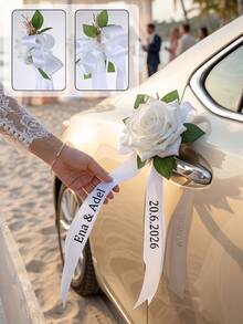 1pc Personalized Wedding Car Ribbon Flower,Custom Text,Artificial White Rose Bow For Bridal Car Door Handle Mirror Decoration - Multicolor - View 2