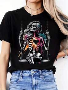 1 Piece Of 100% Cotton Short-Sleeved T-Shirt, Casual Round Neck With Print, Breathable Short Sleeves For Daily Wear, Feminine Design With Skeleton Heart Motifs - 黑色 - 查看 1