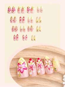 10 piezas Pegatinas de manicura francesa, forma de almendra media, punta larga, decoración floral degradada 3D, patrón ondulado con diseño de cuentas de concha, estilo fresco del océano, superficie lisa, uñas postizas de cobertura completa, adecuadas para suministros de uñas de mujeres y niñas - Multicolor - Ver 3