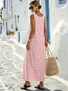 Vestido largo holgado con textura de lino y líneas abstractas para mujer - Rosa - Ver 2