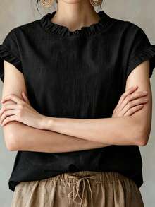 Women's New Ruffle Collar & Sleeve Design Solid Color Casual Top, Elegant And Versatile For Summer, Suitable For Work, Home And Office Black - View 3